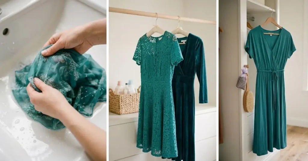 Care guide for a teal dress showing proper washing, storage, and maintenance techniques to preserve fabric quality and keep color vibrant and long-lasting.