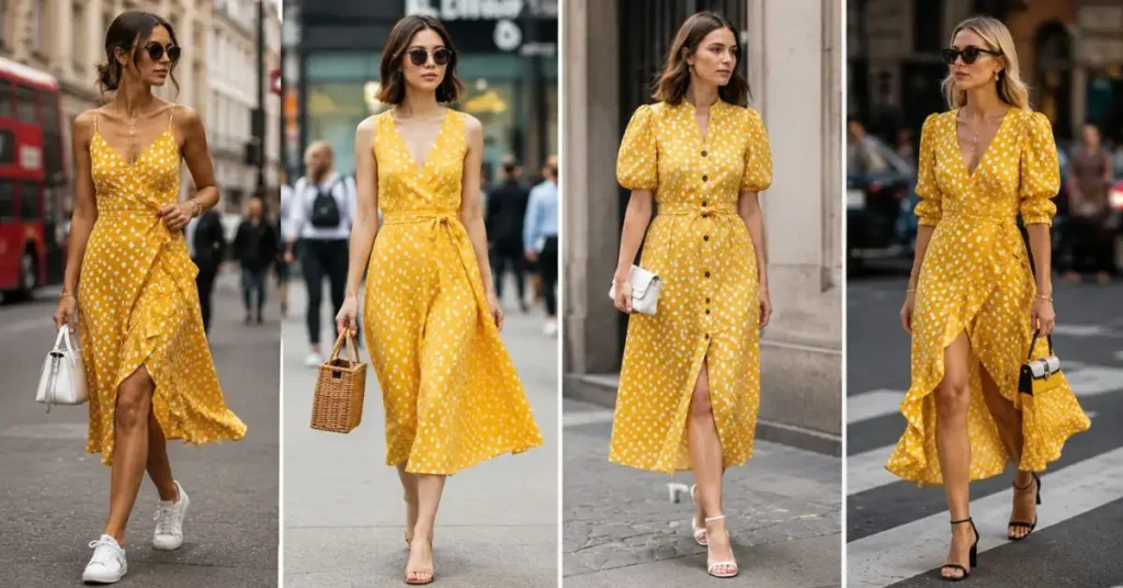 Fashion influencer wearing a trendy summer yellow polka dot dress inspired by celebrity and street style, paired with chic accessories for a modern look.