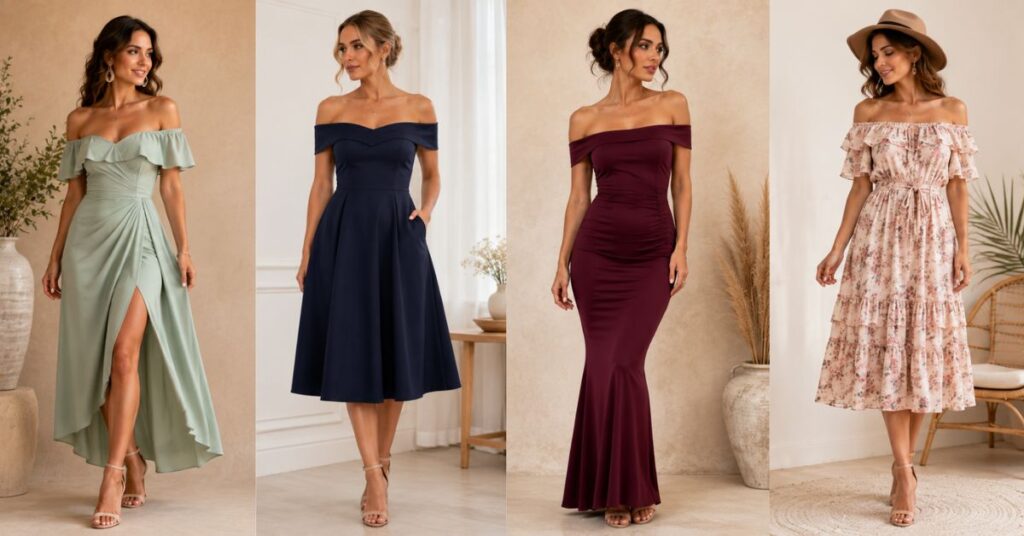 Woman wearing a flattering off shoulder dress designed to complement different body shapes, showcasing stylish silhouettes, balanced proportions, and elegant fashion choices.