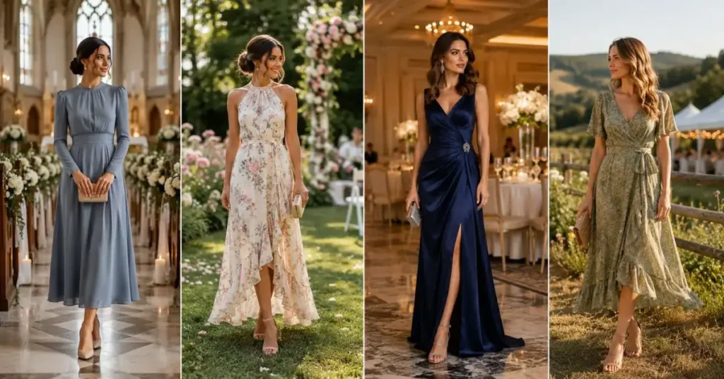 “Four-panel image showing women’s wedding outfits styled for different venues: a modest elegant dress for a church ceremony, a light floral dress for a garden wedding, a glamorous satin gown for a luxury hotel reception, and a flowy nature-inspired dress for a countryside celebration.”