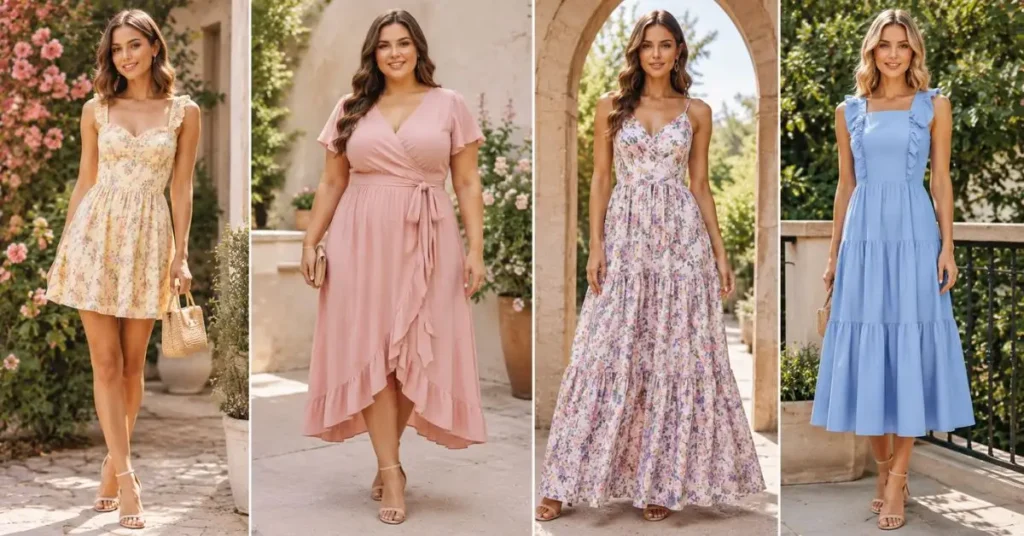A woman wearing a stylish and flattering spring dress designed for her body type, showcasing seasonal fashion, comfortable fabrics, and a confident look in a bright outdoor spring setting.