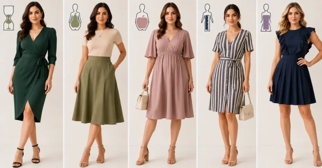 Modern American fashion dresses styled to flatter different body types, including pear, apple, hourglass, rectangle, and petite figures.