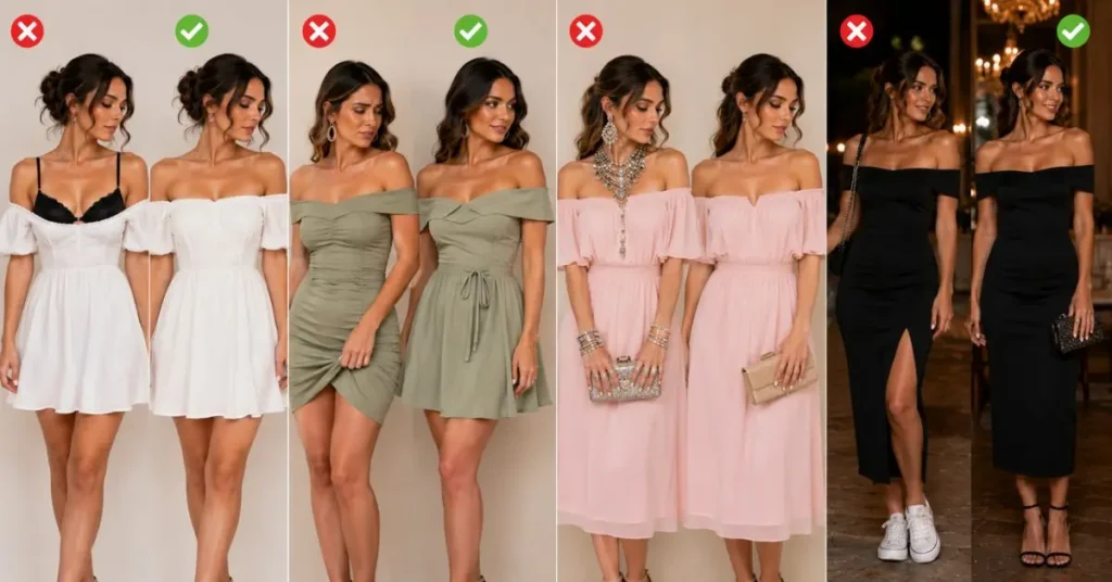 Stylish woman comparing well-fitted and poorly matched outfits, highlighting common fashion mistakes to avoid such as incorrect sizing, clashing colors, excessive accessories, and inappropriate clothing choices for different occasions.