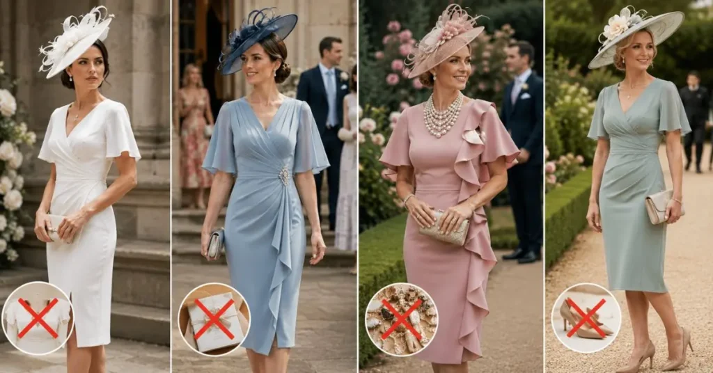 “Elegant women dressed in formal wedding guest attire demonstrating common fashion mistakes to avoid, including wearing white, ignoring dress codes, over-accessorizing, and prioritizing style over comfort, presented in a refined outdoor wedding setting.”