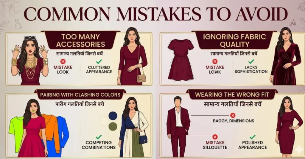 Woman avoiding common maroon dress styling mistakes by choosing the right fit, accessories, and color combinations.
