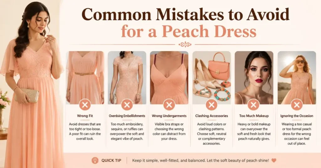 A peach-themed fashion infographic titled “Common Mistakes to Avoid for a Peach Dress,” showing styling errors such as wrong fit, overdone embellishments, wrong undergarments, clashing accessories, heavy makeup, and unsuitable occasion dressing with example images and tips.
