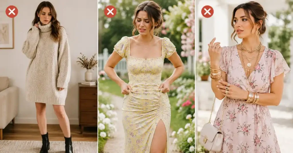 Triptych fashion guide image illustrating common spring outfit mistakes, including choosing heavy fabrics, poor fit and discomfort, and over-accessorizing, shown as three side-by-side examples marked with red “X” symbols.