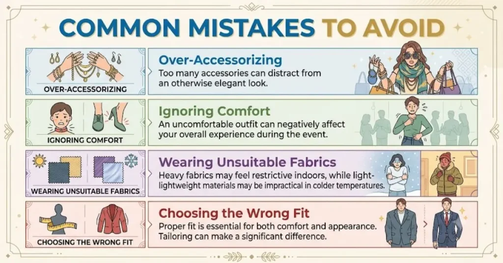 Common fashion mistakes to avoid in New Year party outfits, including over-accessorizing, uncomfortable clothing choices, poor fabric selection, and improper outfit fit during festive 2026 celebrations.