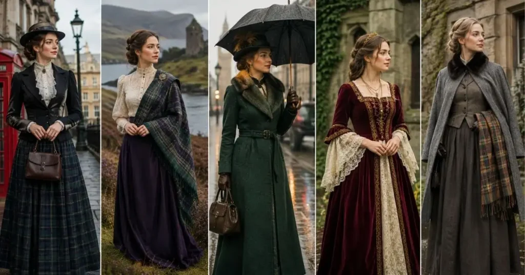 Collage of British heritage-inspired outfits showing common styling mistakes, including mixed historical eras, heavy layering of tartan and lace, and seasonally mismatched clothing in outdoor settings.