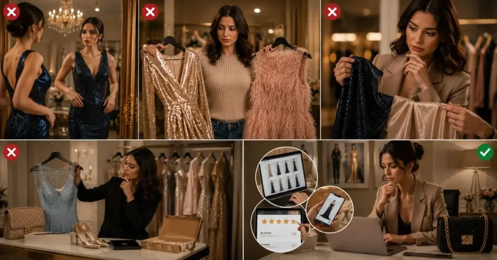 Common Mistakes to Avoid When Buying Designer Dresses featuring a luxury fashion shopper evaluating dress fit, fabric quality, style versatility, trend choices, and brand research before investing in a designer dress.