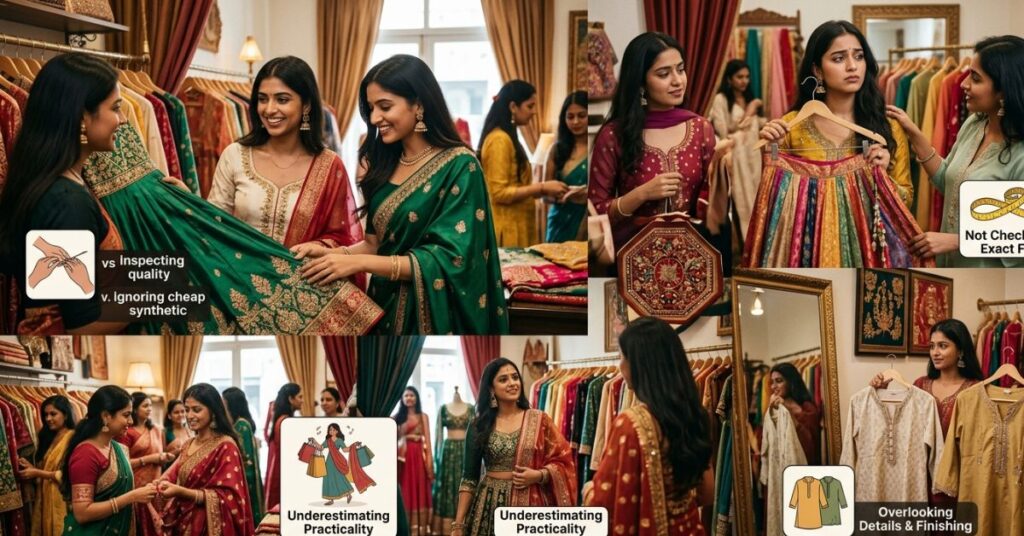 Common mistakes in buying South Asian ethnic fashion, including poor fabric choices, incorrect sizing, over-accessorizing, mismatched styles, and ignoring occasion-appropriate outfit selection.