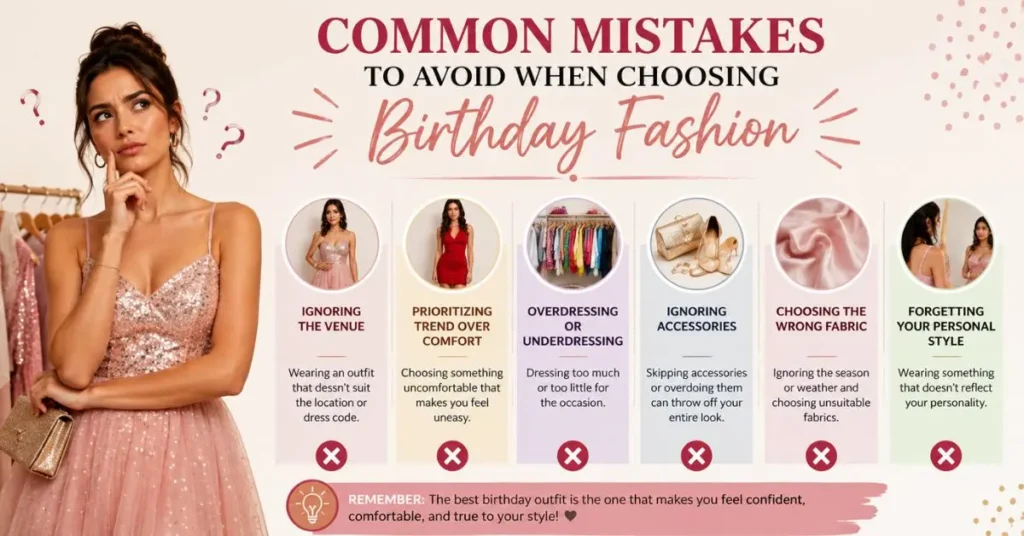 Common Mistakes to Avoid When Choosing Birthday Fashion infographic highlighting key fashion errors such as ignoring venue, prioritizing trend over comfort, over/under dressing, ignoring accessories, choosing wrong fabrics, and forgetting personal style.
