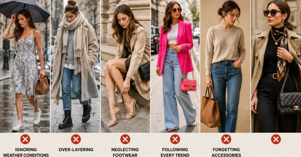Common Seasonal Fashion Mistakes to Avoid featuring inappropriate outfit choices, layering errors, and seasonal styling mistakes.