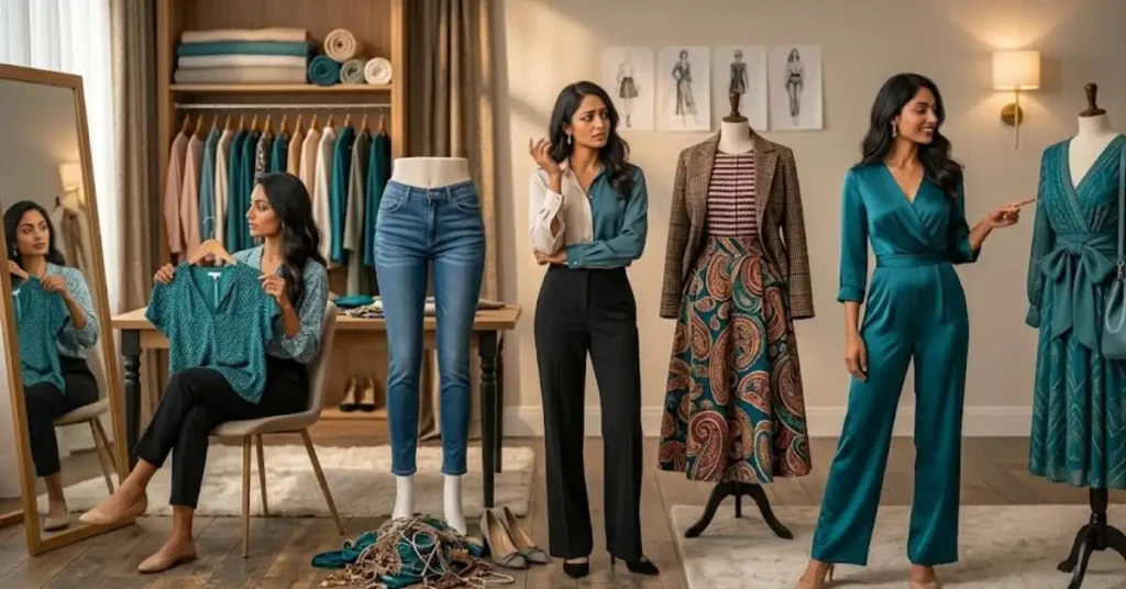 Fashion guide highlighting common styling mistakes to avoid with a teal dress, such as over-accessorizing, poor color pairing, and incorrect fit choices.