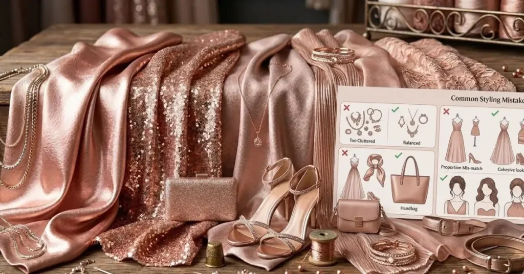 Common styling mistakes to avoid when wearing a rose gold dress, including poor color pairing, over-accessorizing, and incorrect footwear choices.