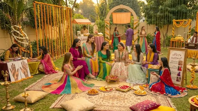 Common fashion mistakes in Mehndi styling such as overly heavy outfits, mismatched accessories, uncomfortable footwear, and color coordination errors, highlighting how to achieve a balanced and elegant festive look.