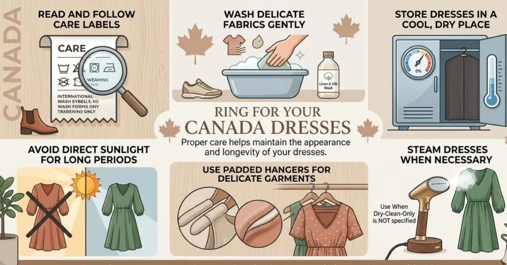 A fashion-focused image highlighting common styling mistakes to avoid when wearing Canada dresses, featuring examples of poor color matching, incorrect sizing, unsuitable accessories, and seasonal fashion errors.