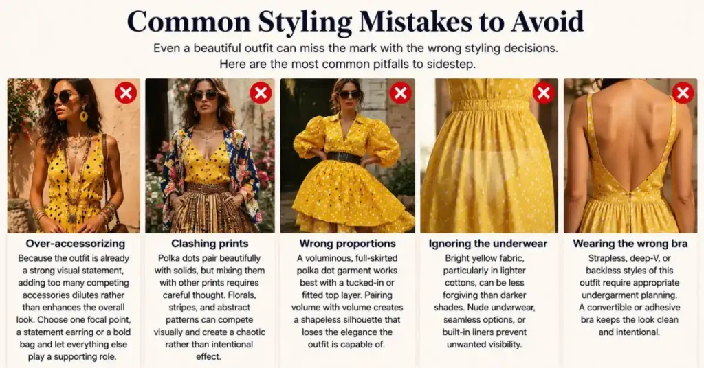 Woman wearing a summer yellow polka dot dress styled with balanced accessories and coordinated colors, demonstrating how to avoid common fashion styling mistakes.