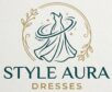 Professional logo design for 'Style Aura Dresses' featuring an elegant, stylized gown silhouette surrounded by a delicate circular floral frame in gold and dark teal, with the brand name 'STYLE AURA' written in sophisticated typography above the word 'DRESSES'