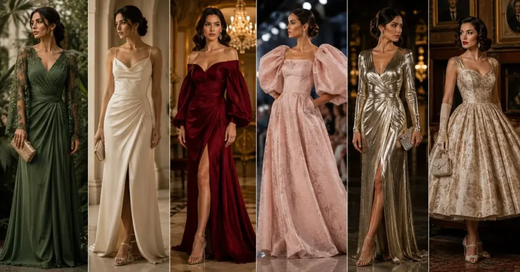 Designer Dress Trends in 2026 featuring sustainable luxury fashion, minimalist elegance, bold jewel-tone gowns, statement sleeves, metallic finishes, and vintage-inspired designer dresses showcased in modern couture styles.