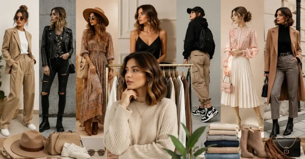 Stylish collage showcasing different fashion styles including classic, minimalist, streetwear, bohemian, chic, and vintage outfits, featuring fashionable women, trendy clothing, accessories, and versatile wardrobe inspiration.
