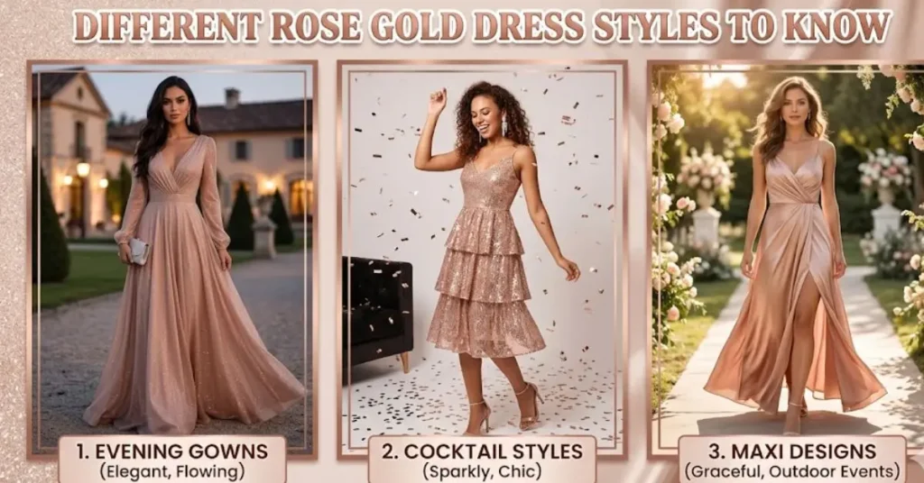 Collection of different rose gold dress styles, including evening gowns, cocktail dresses, midi dresses, and formal party wear, highlighting elegant designs, flattering silhouettes, and modern fashion trends.