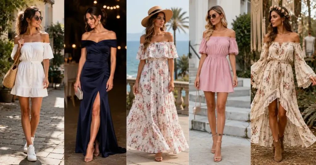 Collection of different off shoulder dress styles, including casual, floral, bodycon, maxi, and elegant evening designs, showcasing versatility and modern fashion trends.