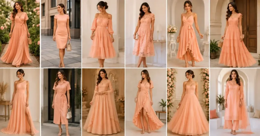 Variety of peach dress styles for women including casual, formal, party, and wedding outfits in soft elegant fashion designs.