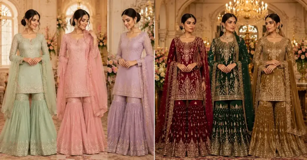 Sharara and gharara outfits in 2026 featuring pastel shades, rich jewel tones, organza, tissue, silk, and embroidered fabrics.