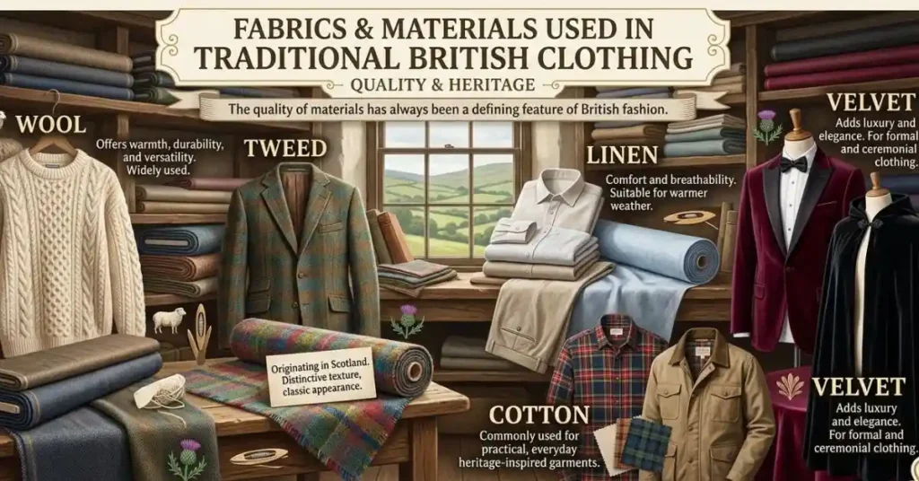 Traditional British clothing fabrics including wool, tweed, linen, cotton, and velvet used in classic heritage fashion.