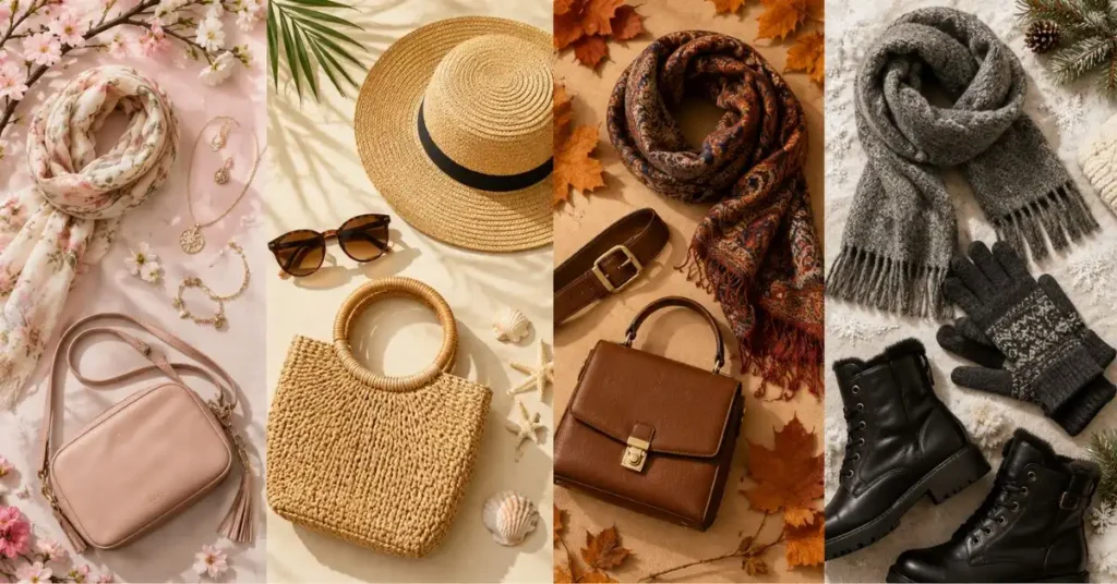 Stylish fashion accessories for every season, featuring sunglasses, scarves, handbags, hats, and jewelry paired with seasonal outfits for year-round elegance and versatility.