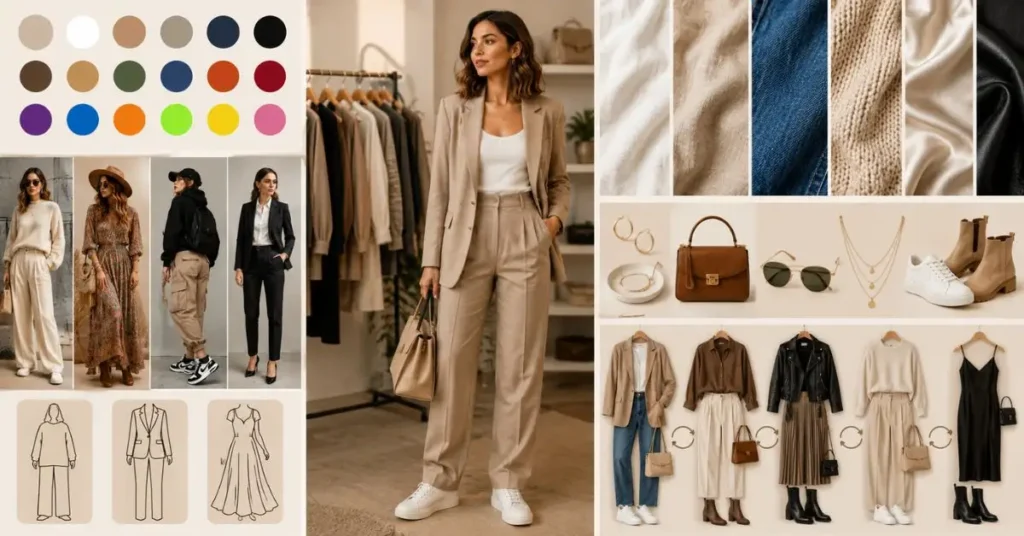 Stylish fashion infographic highlighting key features to look for in different fashion styles, including color palette, silhouette, fabric selection, accessories, and versatility in outfit choices.