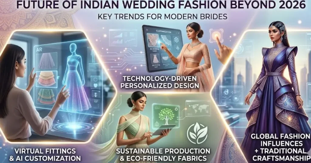 Future of Indian wedding fashion beyond 2026 featuring innovative bridal wear, sustainable fabrics, modern silhouettes, personalized designs, and evolving luxury wedding trends.