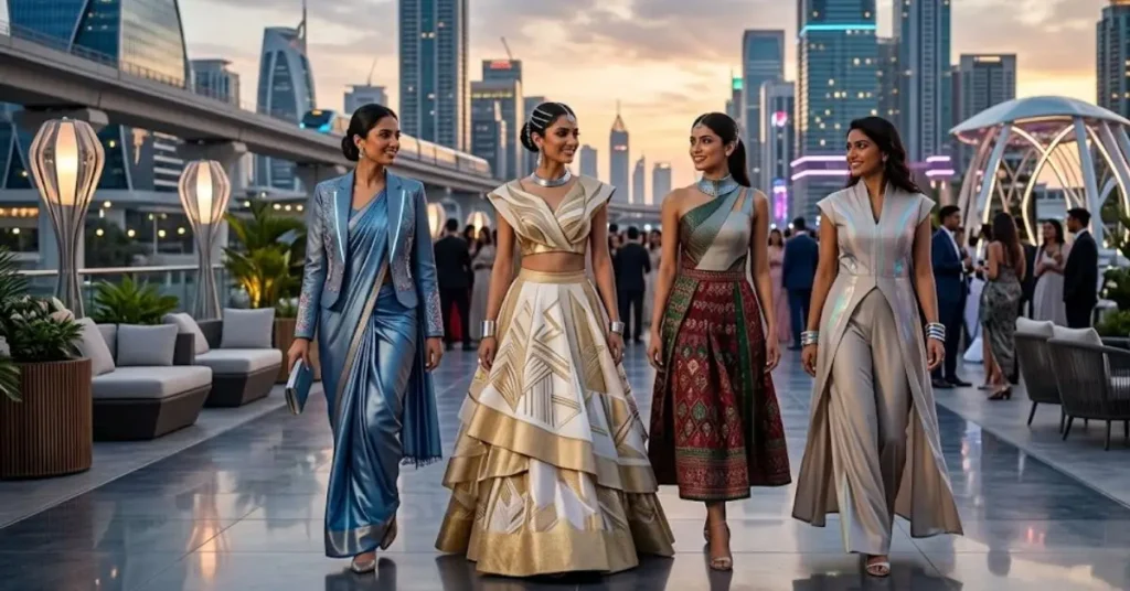 Futuristic South Asian fashion beyond 2026 showcasing innovative designs, sustainable fabrics, modern fusion styles, digital fashion trends, and evolving cultural influences in global ethnic wear.