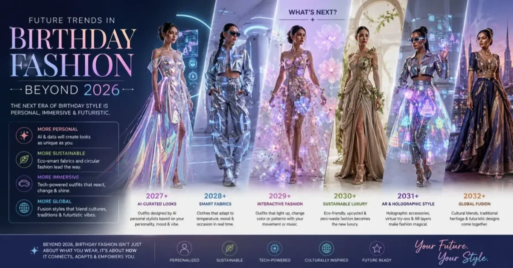 Futuristic infographic titled “Future Trends in Birthday Fashion Beyond 2026” showing evolving birthday outfits from AI-curated styles and smart fabrics to sustainable luxury, interactive fashion, AR/holographic designs, and global fusion trends across multiple years.