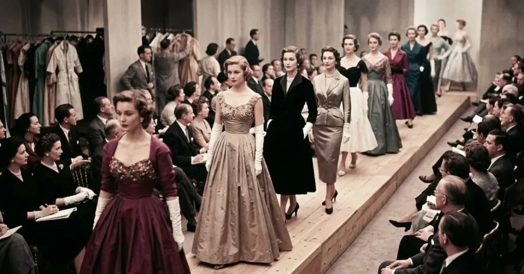 History and Evolution of Designer Fashion showcasing the journey from nineteenth-century couture ateliers and classic fashion sketches to modern luxury runway collections, highlighting the transformation of designer fashion through time.