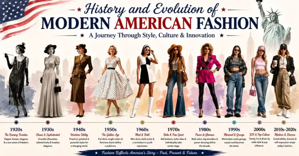 History and evolution of modern American fashion showcasing iconic dress styles, changing trends, and contemporary women's fashion.