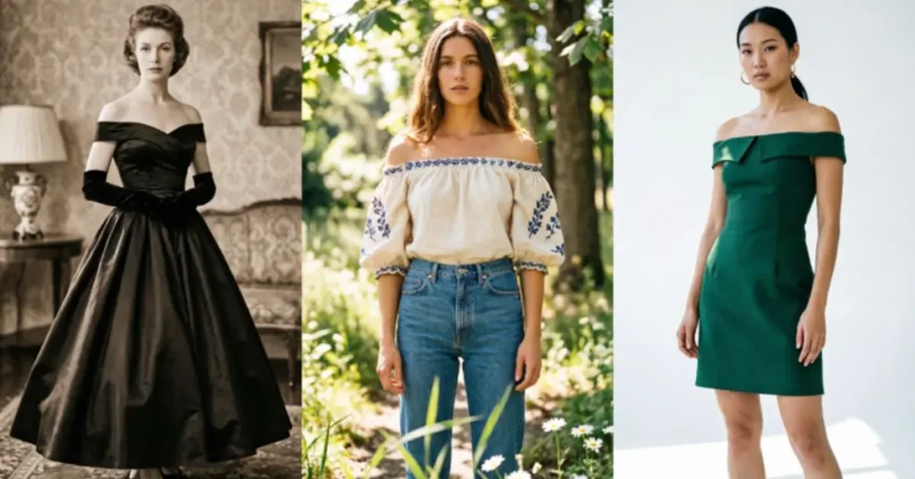Elegant off shoulder fashion showcasing the history and evolution of off shoulder dresses, featuring timeless silhouettes, classic designs, and modern style trends in women's fashion.