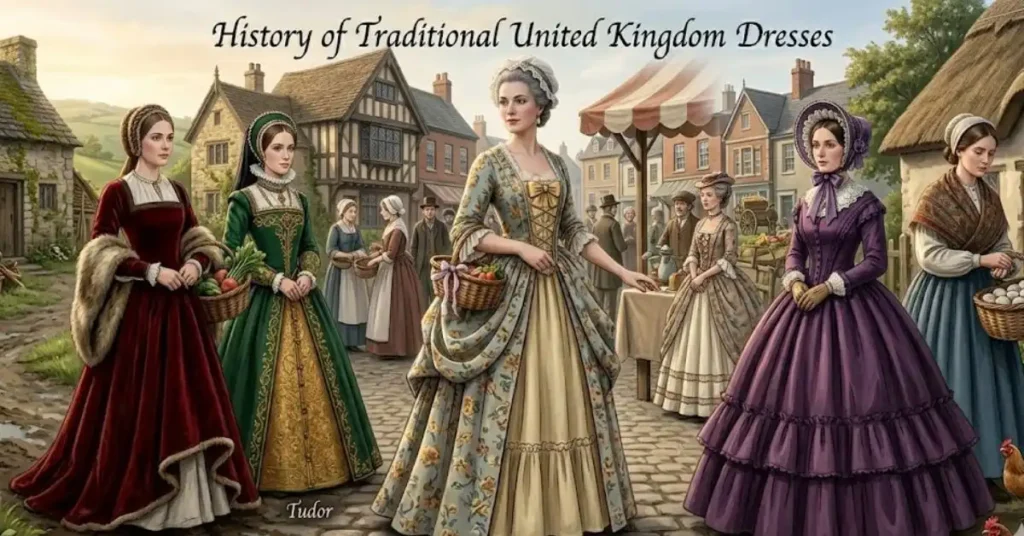 Historical evolution of Traditional United Kingdom Dresses featuring elegant British women's heritage fashion and classic period clothing.