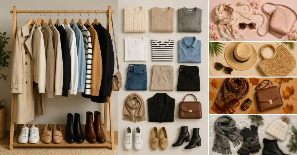Organized versatile seasonal wardrobe featuring timeless clothing essentials, layered outfits, neutral colors, and stylish pieces suitable for spring, summer, autumn, and winter fashion.