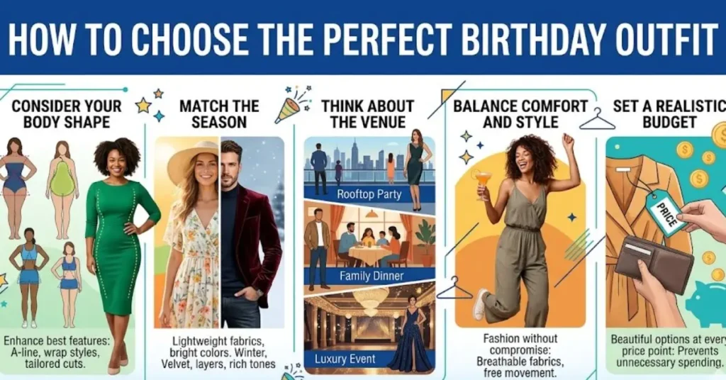 How to Choose the Perfect Birthday Outfit guide featuring tips on selecting stylish, comfortable, and trendy dresses for a special celebration