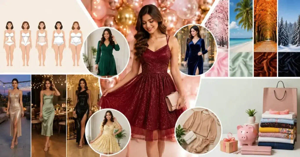 Stylish woman choosing the perfect birthday outfit with a flattering dress, elegant accessories, and fashionable styling for a special celebration.