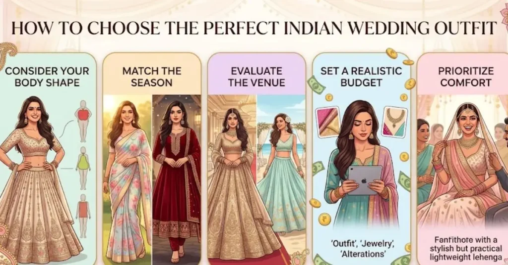Bride selecting the perfect Indian wedding outfit featuring elegant bridal wear, luxurious fabrics, intricate embroidery, and timeless wedding fashion for 2026.