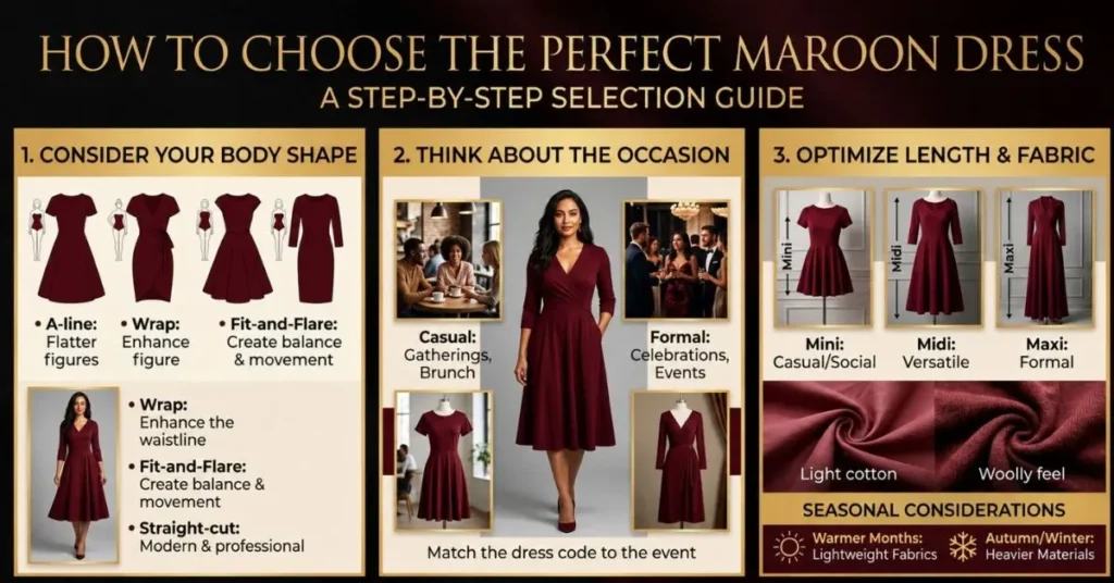 Woman choosing the perfect maroon dress with a flattering fit, elegant design, and stylish details for any occasion.