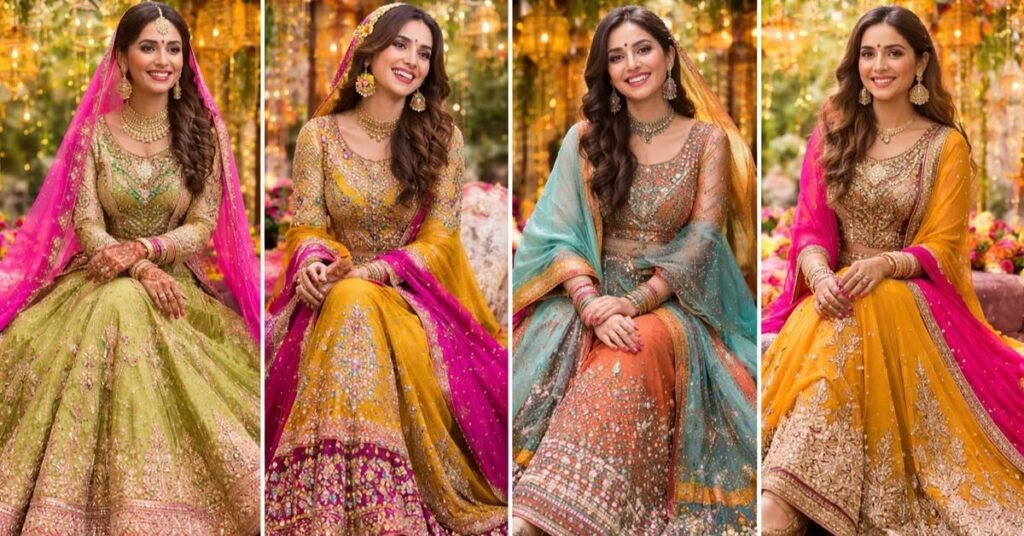 “Woman choosing the perfect Mehndi outfit with vibrant traditional embroidery, showcasing colorful cultural wedding fashion styles”