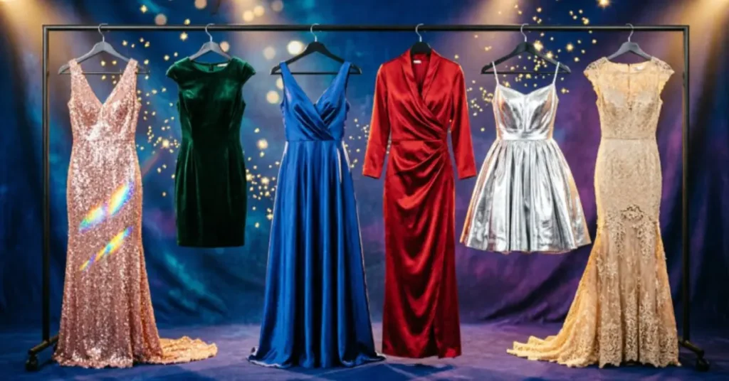 Stylish women choosing elegant New Year party outfits, featuring a variety of festive evening wear including satin, velvet, and sequined dresses in a modern fashion setting for 2026 celebrations.