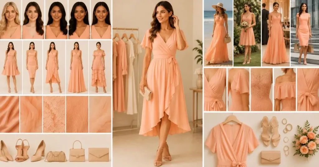 Guide to choosing the perfect peach dress based on body shape, occasion, fabric, and modern fashion trends for women.