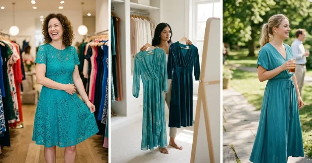 Woman choosing the perfect teal dress by considering body shape, fit, fabric, and occasion, showcasing elegant and flattering fashion options.