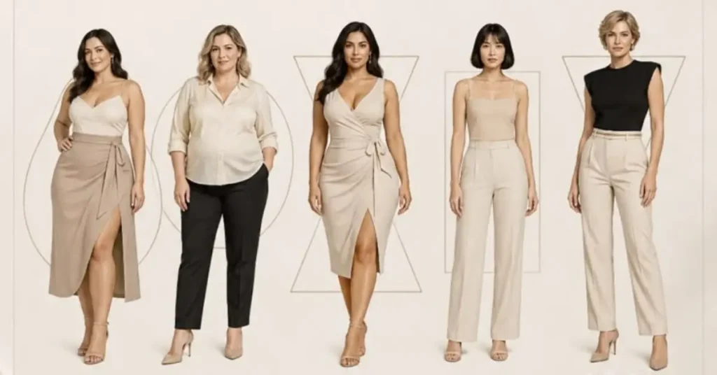 How to choose the right design for your body type including styling tips for petite, pear, apple, hourglass, and athletic body shapes with modern fashion outfit guidance.