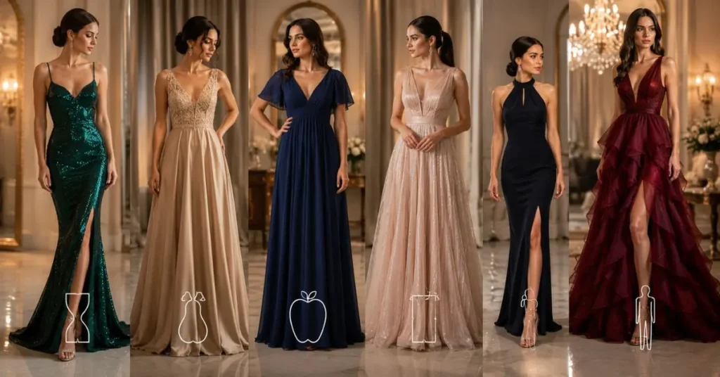 How to Choose the Right Designer Dress for Your Body Shape featuring elegant designer gowns tailored for hourglass, pear, apple, rectangle, petite, and tall body types, showcasing flattering silhouettes and luxury fashion styling.